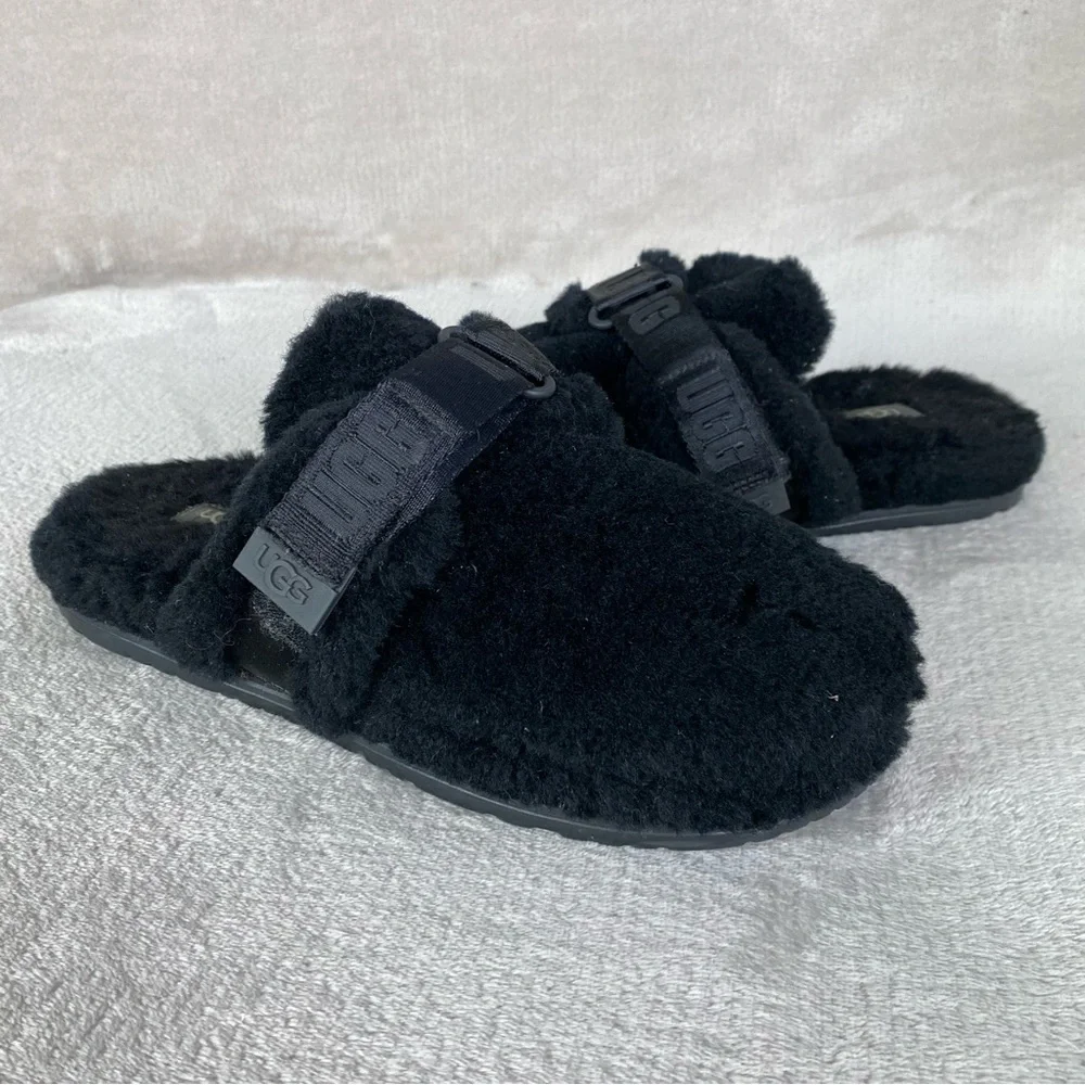 UGG Fluff It Mens Slipper Mule Size 9 Black Sheepskin Slip On Adjustable - Picture 3 of 11